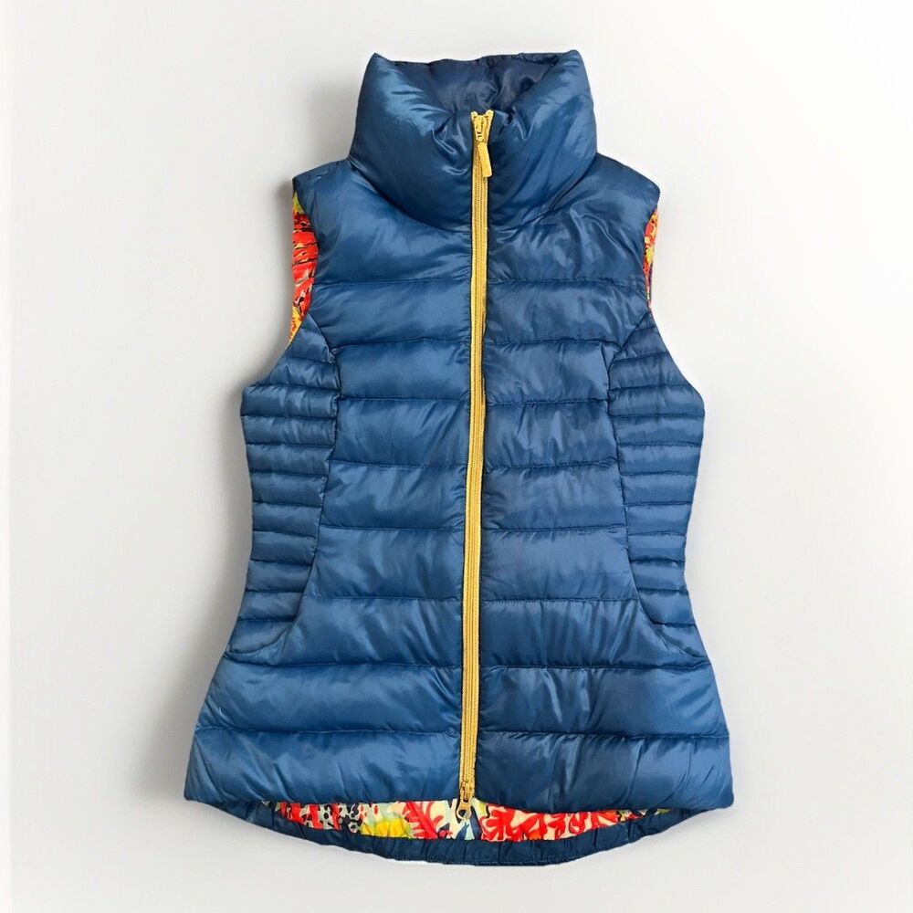 New Lilly Pulitzer Down Puffer Vest Quilted Tropical Print Lining Gold Trim XS